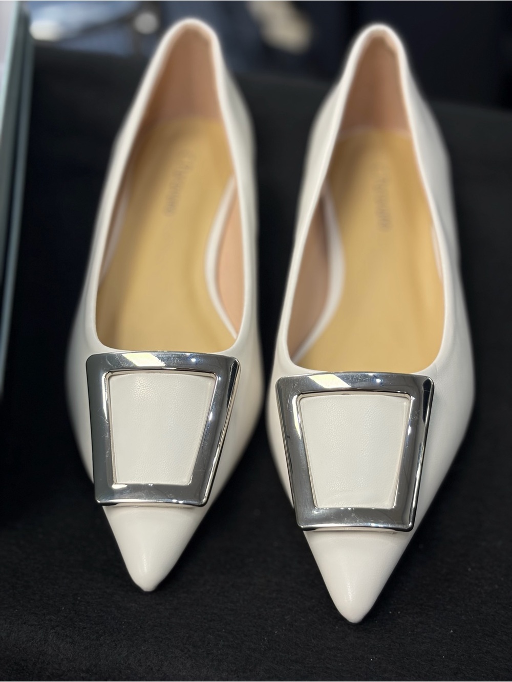 Pointed White Flats with Silver Accent Buckle